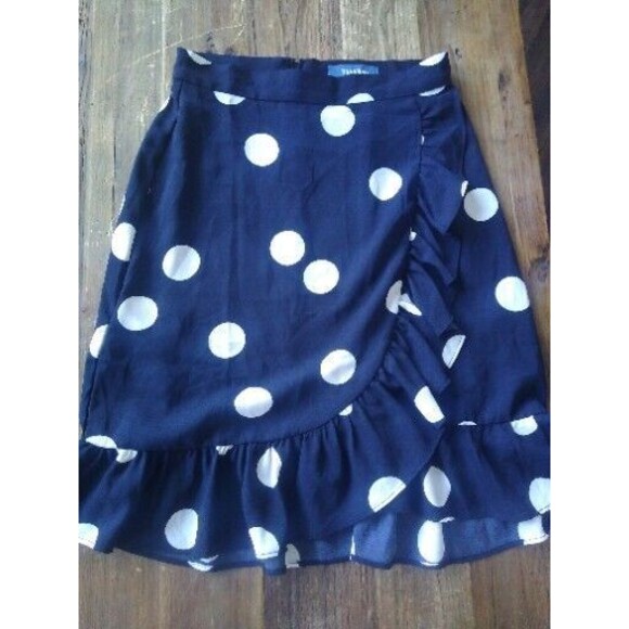 ModCloth Dark Navy White Polka Dot Front Wrap Ruffle Skirt Size 6 Retro … - Picture 1 of 5